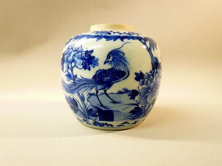 CHINESE BLUE AND WHITE PORCELAIN GINGER JAR DECORATED WITH A HO-HO BIRD