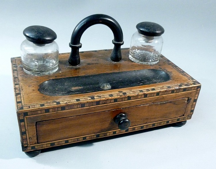 GEORGE III MAHOGANY INLAID DESK STAND WITH EBONISED HANDLES