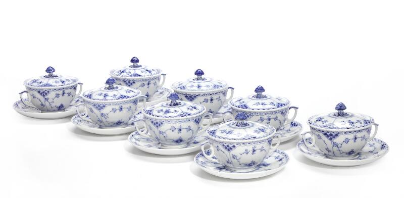 “Blue Fluted Half Lace” porcelain bouillon cups with...