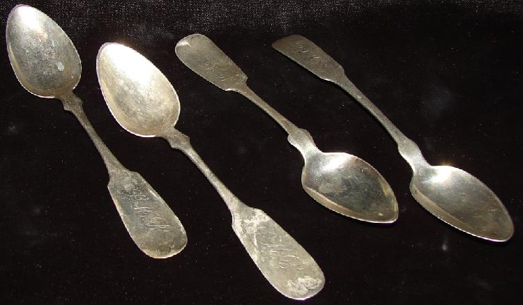 4 Antique Coin Silver Tea Spoons - Various Makers
