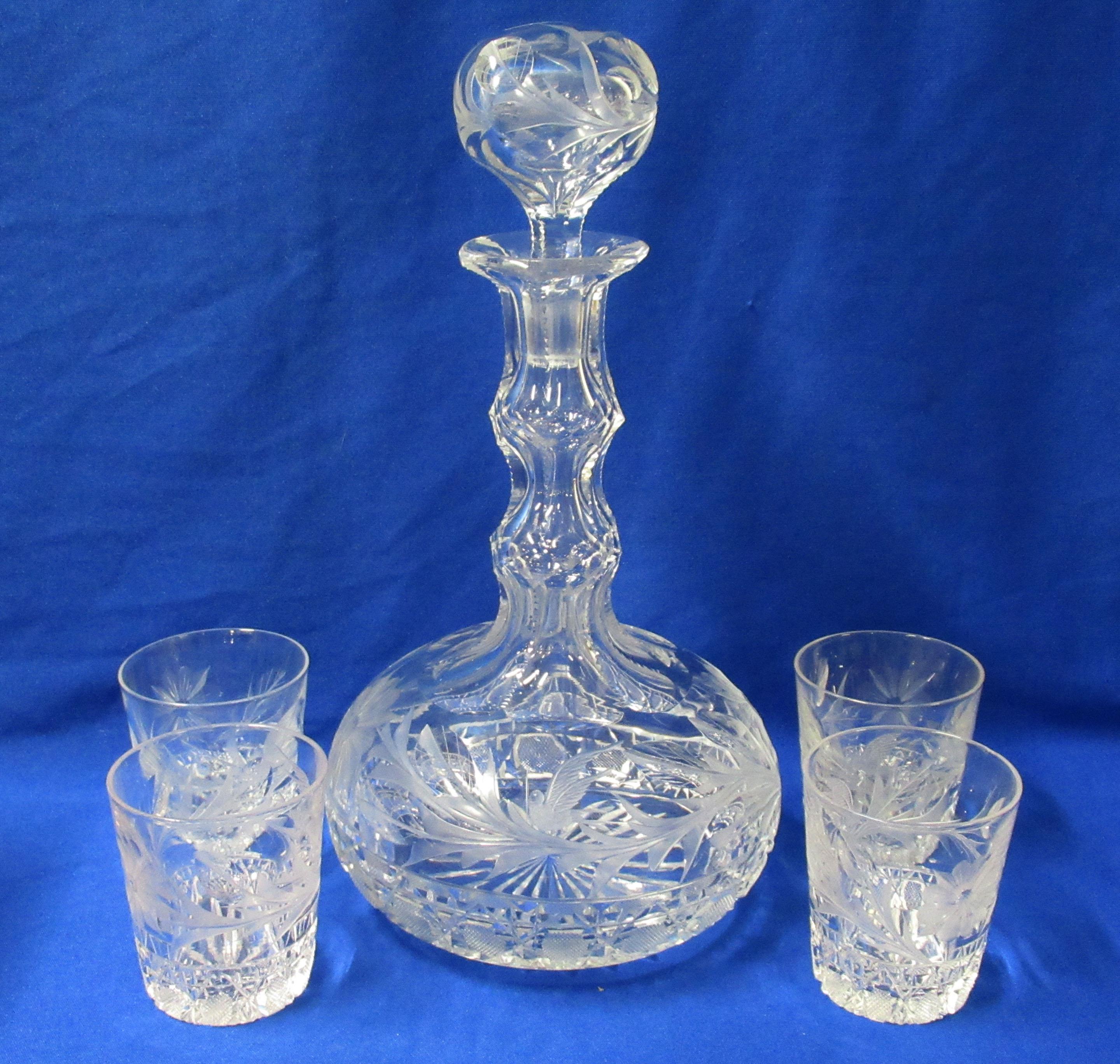 Intaglio Cut Decanter & Glasses w/ Birds & Flowers