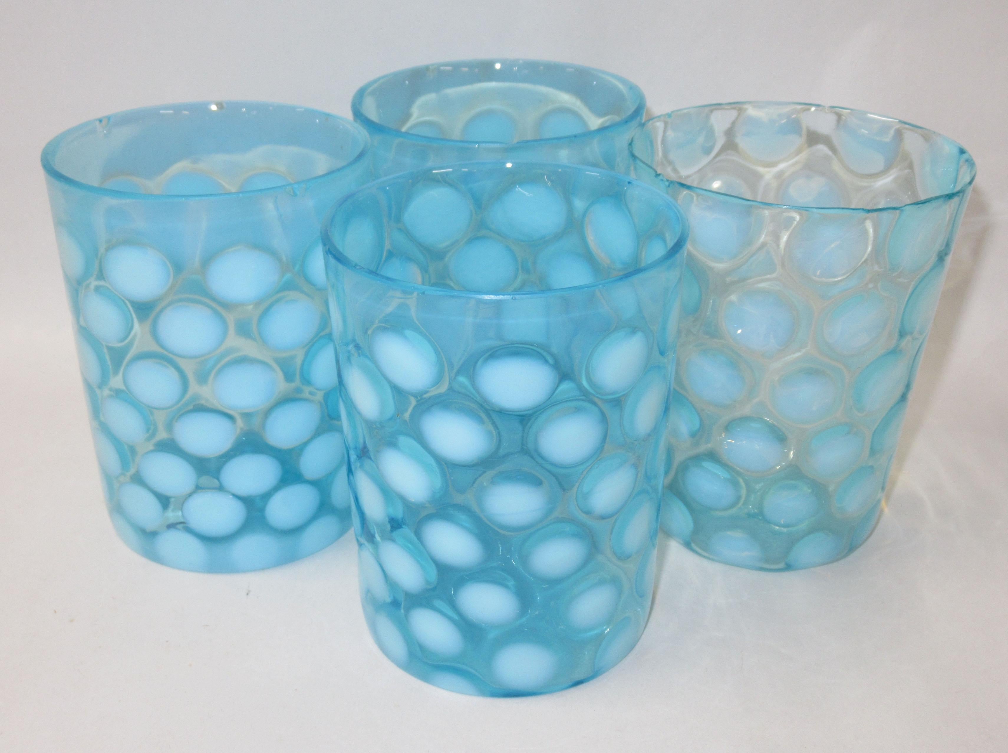 Set of 4 Blue Opalescent Coin Dot Tumblers
