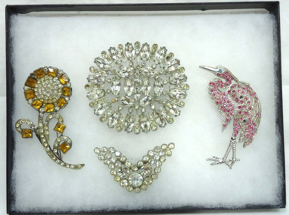 4 Antique Rhinestone Brooches