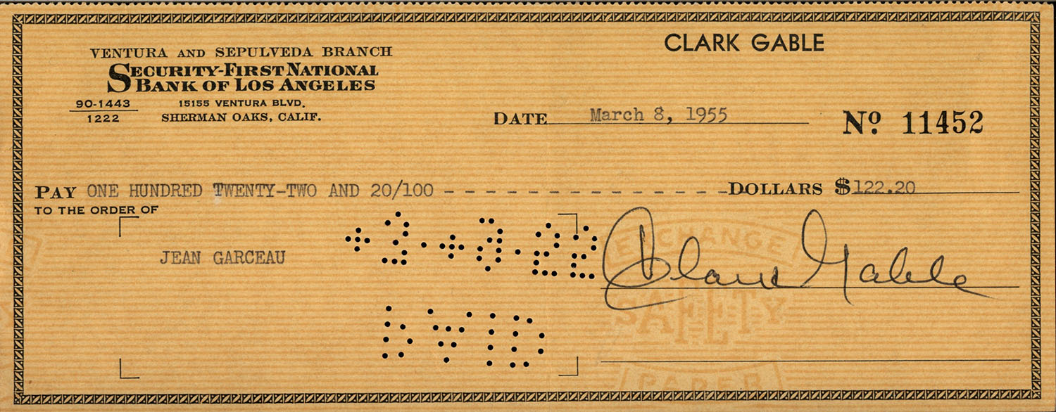 Clark Gable (d.1960) Signed Check- “Gone with the Wind”