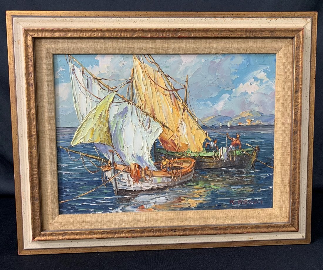 Oil on Board Painting by Raoul About "Harbor Scene"