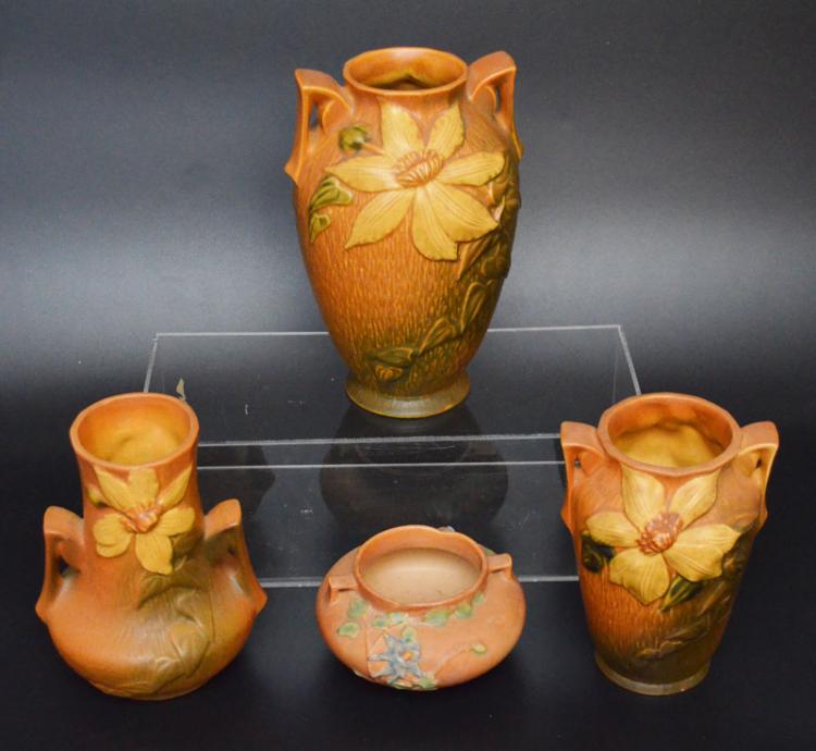 4 Piece Lot of Clematis Roseville Pottery