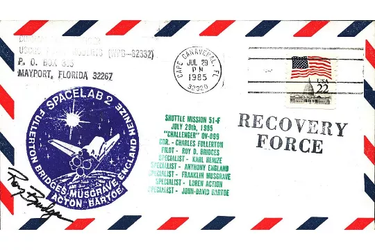 Astronaut Roy Bridges signed Shuttle Mission 51-F Recovery Force FDC
