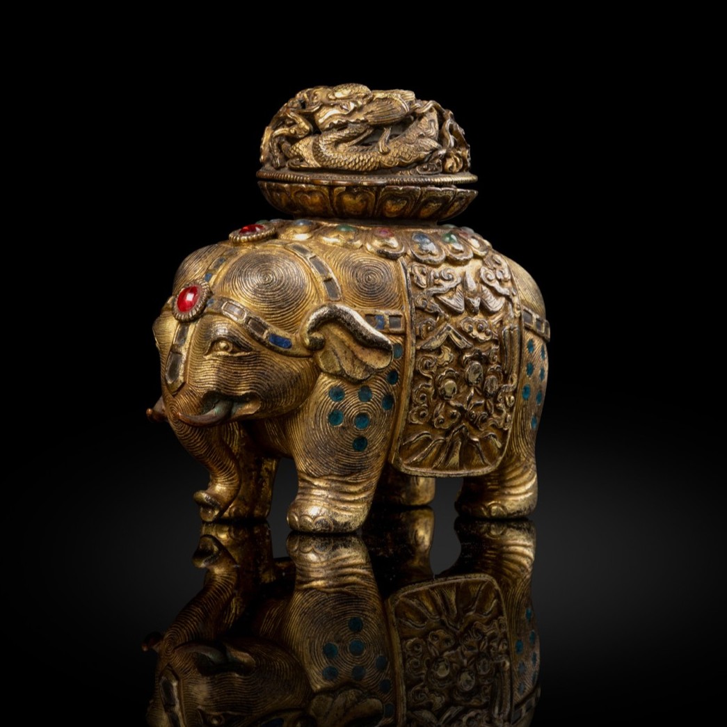 CHINESE STONE-EMBELLISHED GILT BRONZE ELEPHANT