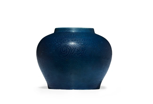 A Chinese anhua-decorated blue-glazed jar Qing dynasty