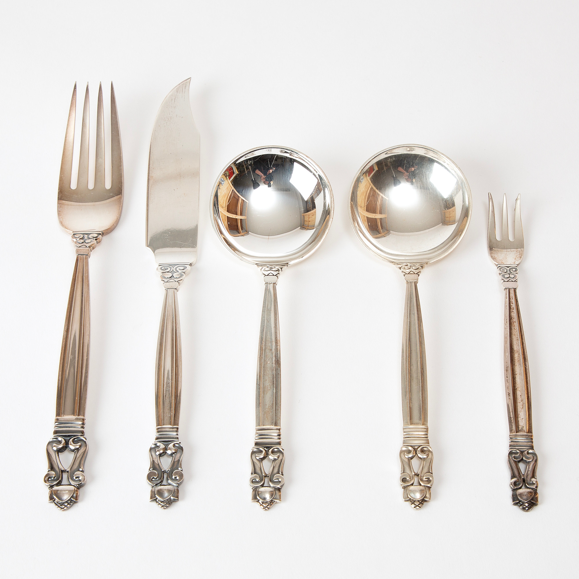 JOHAN ROHDE, bestickuppsättning, 5 delar, "Konge / Acorn", sterlingsilver