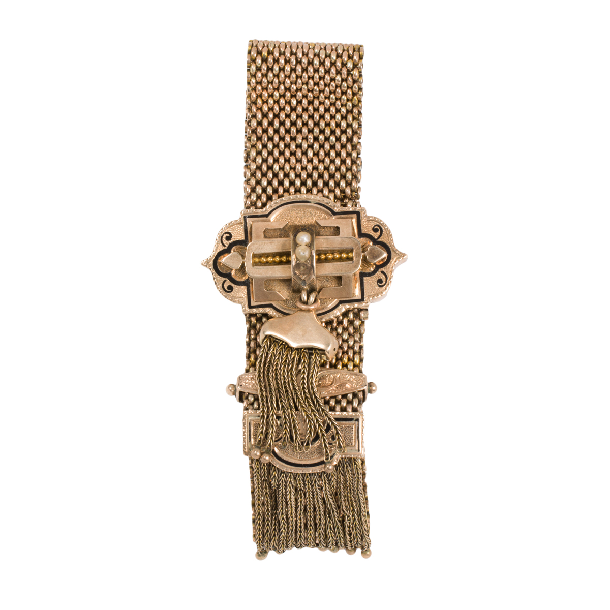 A Victorian enamel, seed pearl, and 10k gold mesh slide bracelet