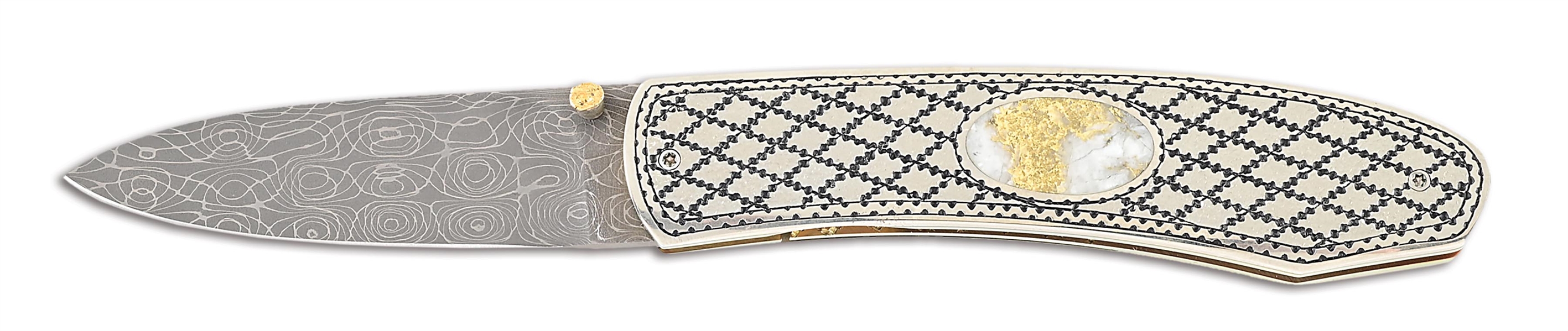 JIM SORNBERGER STEEL AND GOLD QUARTZ INLAY LINERLOCK FOLDER.