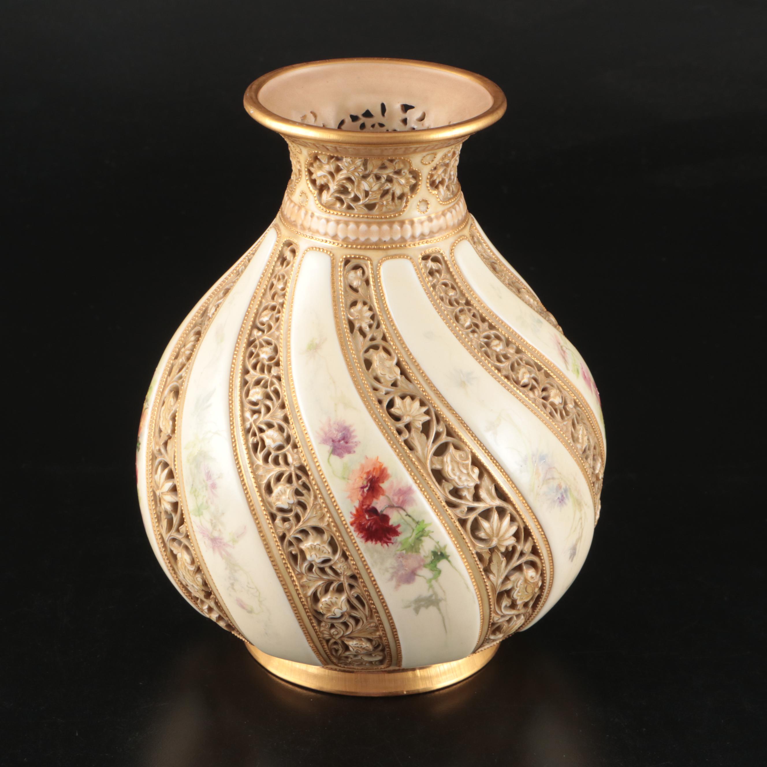 Victorian Style Royal Worcester Hand-Painted Gilt Porcelain Vase
