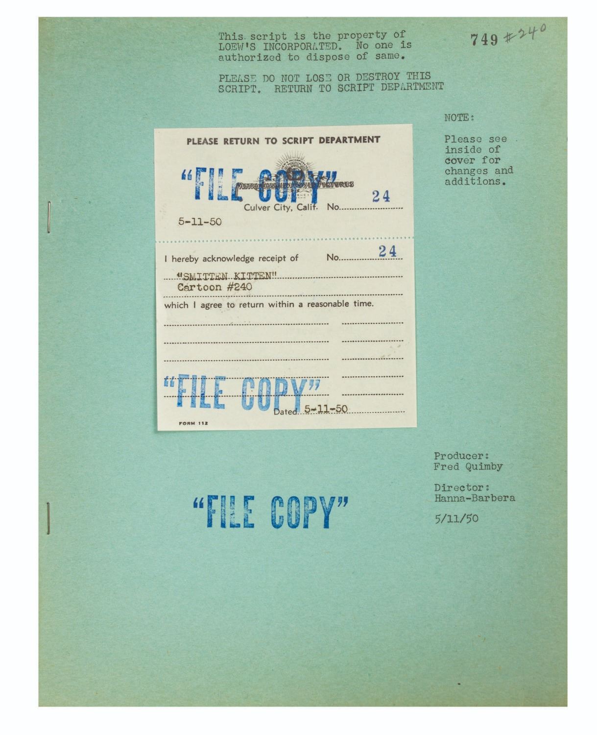 A Tom and Jerry "Smitten Kitten" Script.