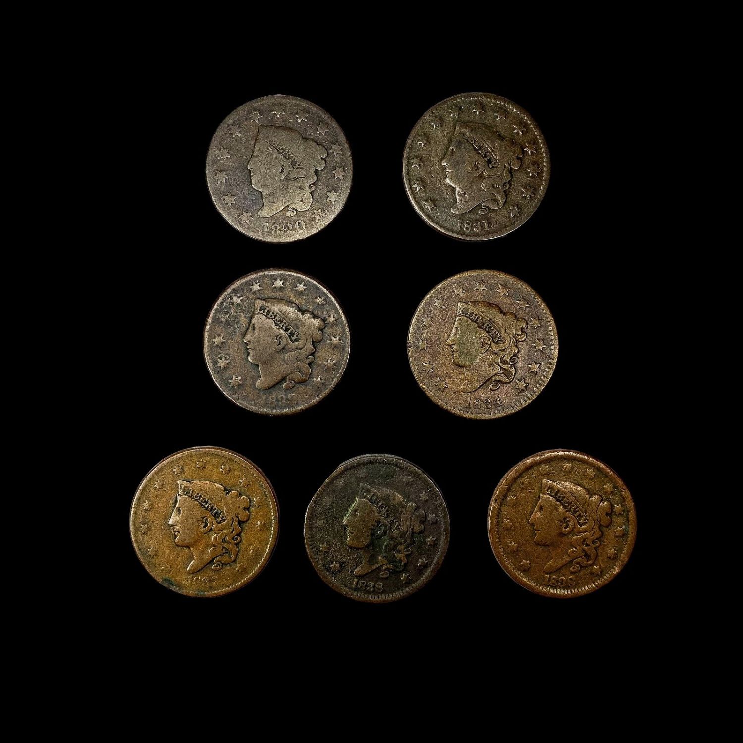 (7) US Large Cents (1820, 1831, 1833, 1834, 1837,