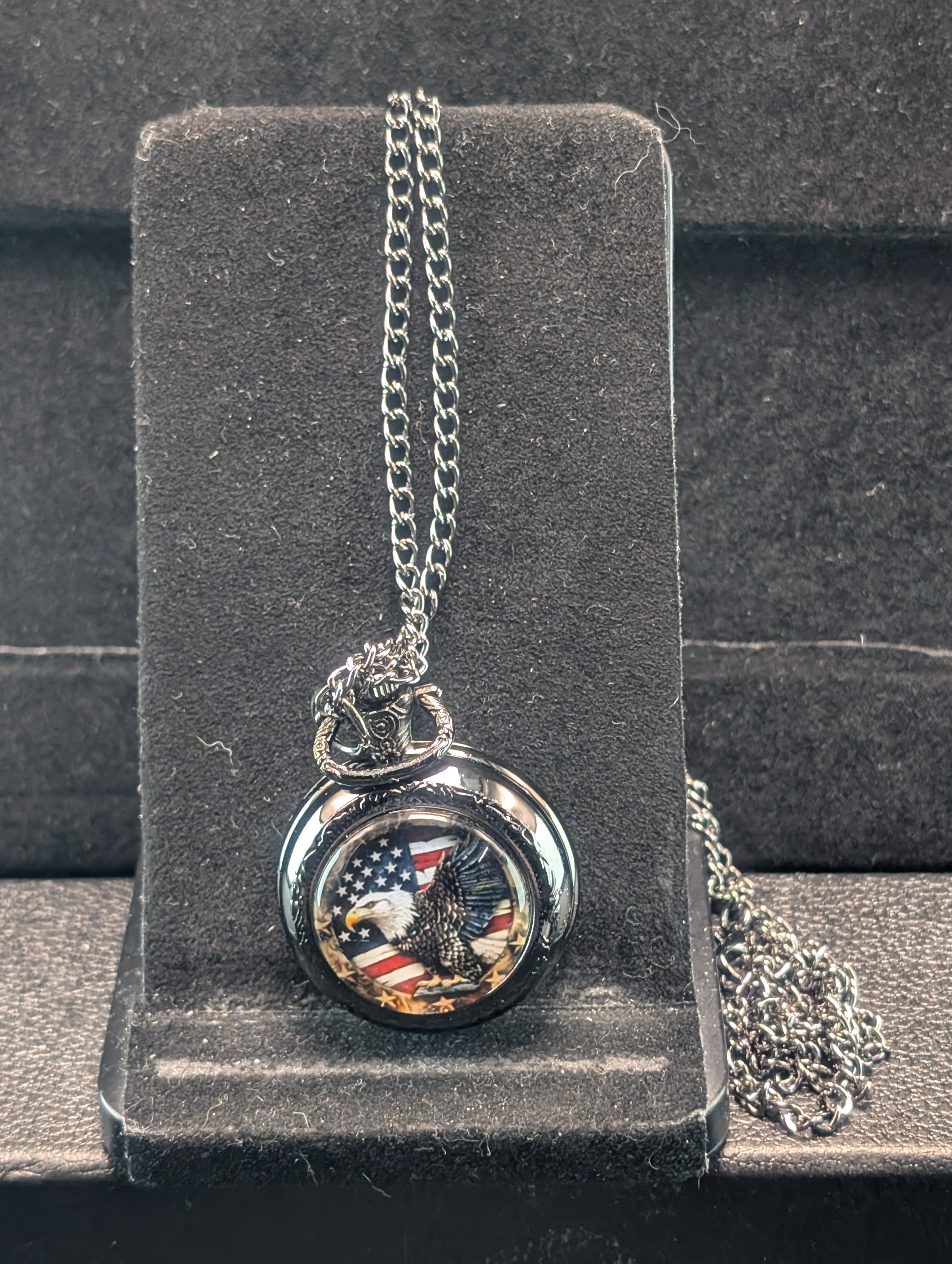 Patriotic American Eagle Pocket Watch w/Chain, Working,