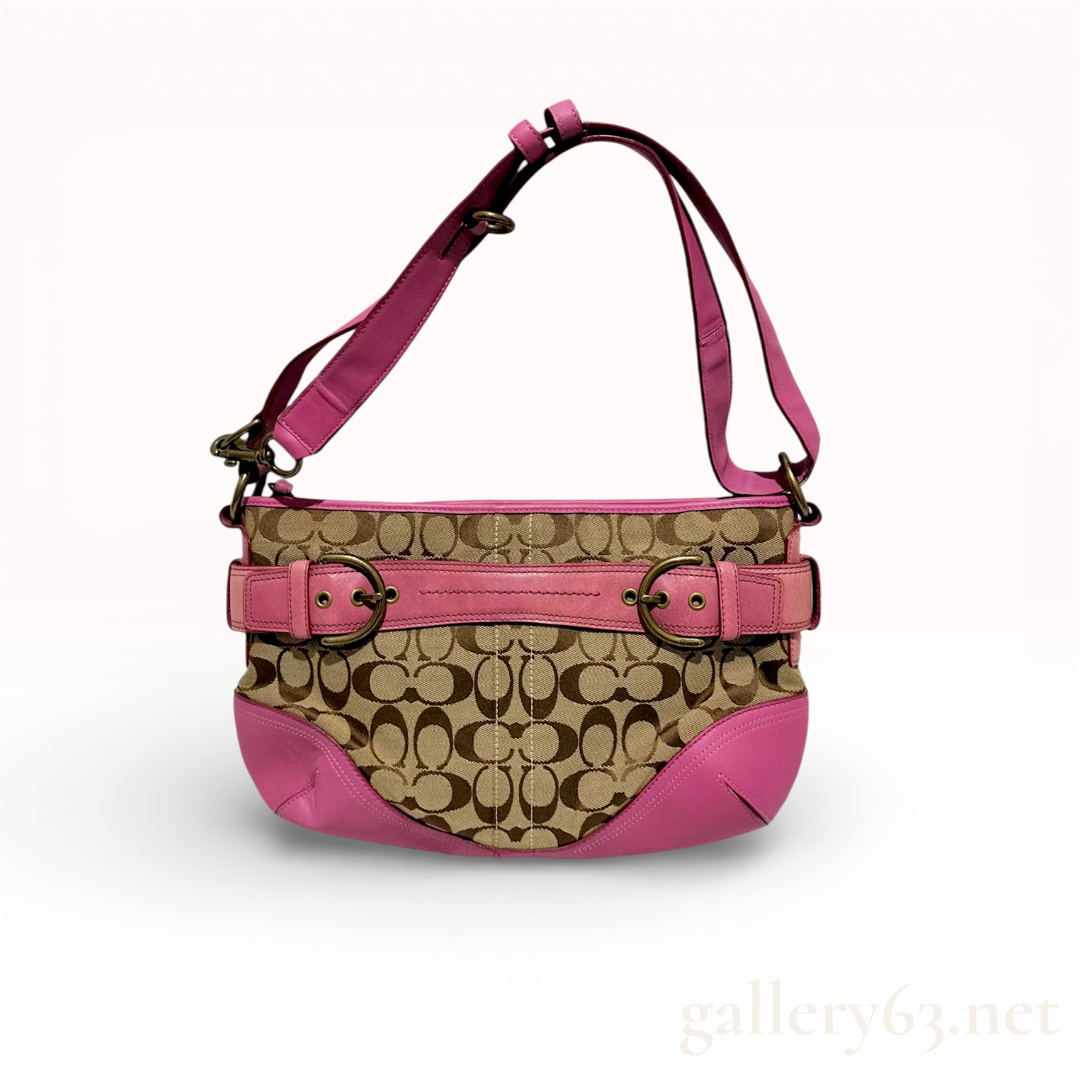 Coach Signature Khaki Pink Leather Hobo Shoulder Bag