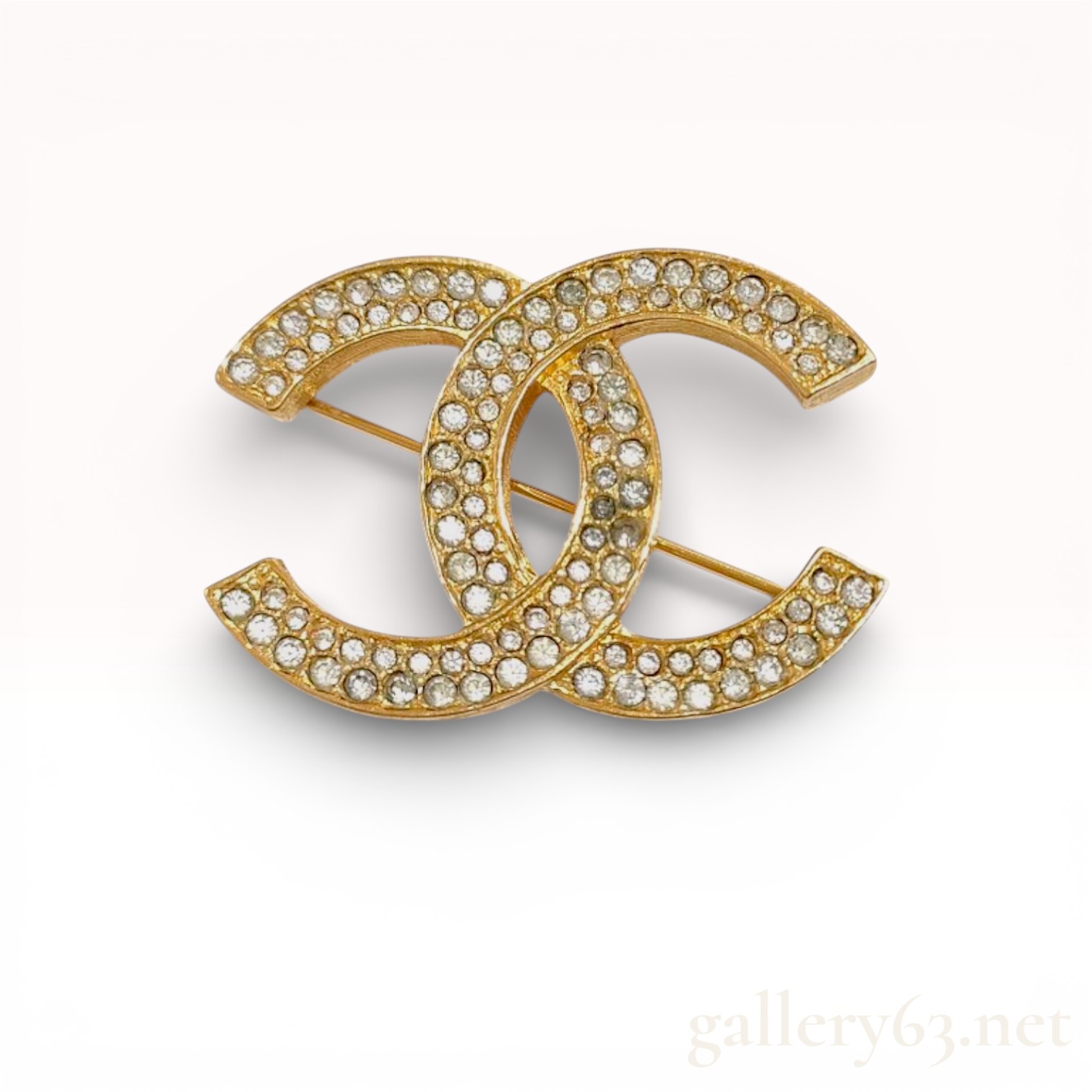 Chanel Vintage Gold Plated Rhinestone CC Logo Brooch
