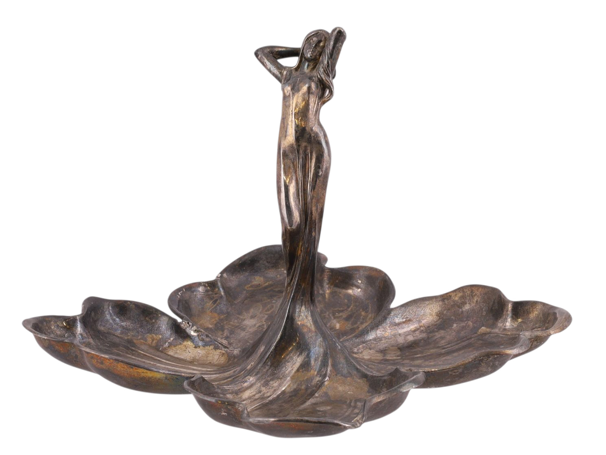 A WMF ART NOUVEAU JUGENDSTIL SILVER-PLATE TRAY, STANDING MAIDEN, C. 1910