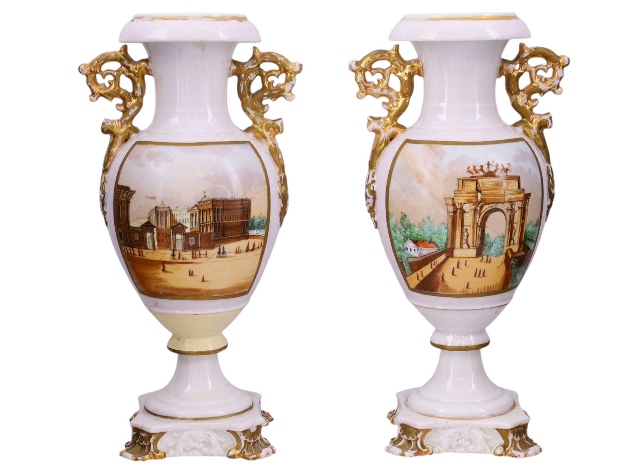 A PAIR OF EUROPEAN PORCELAIN VASES WITH ARCHITECTURAL VIEWS, PROBABLY GERMAN OR AUSTRIAN, LATE 19TH CENTURY