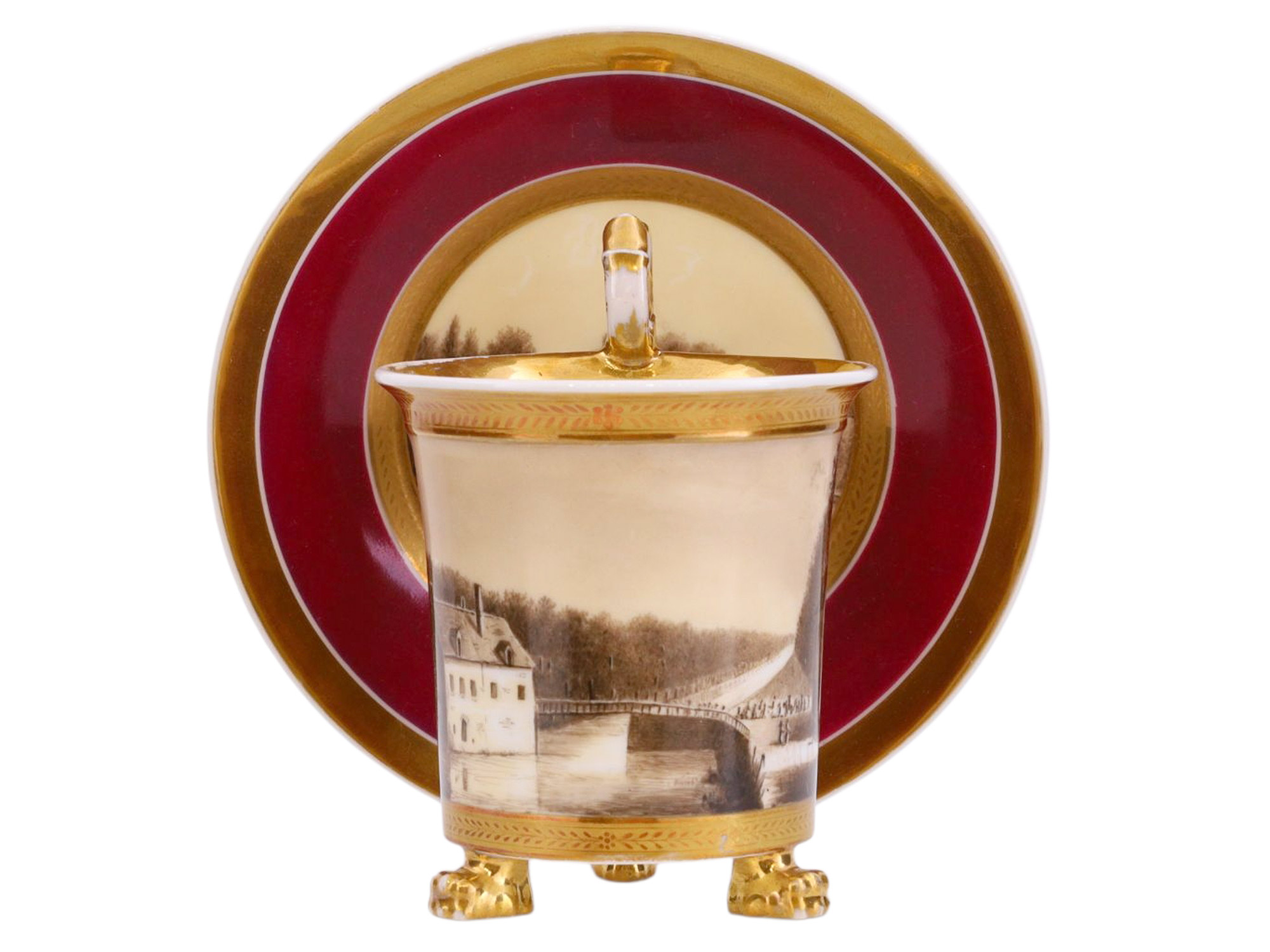 A FRENCH PORCELAIN CUP AND SAUCER WITH GILT AND SEPIA LANDSCAPE DECORATION, FRANCE, 19TH CENTURY