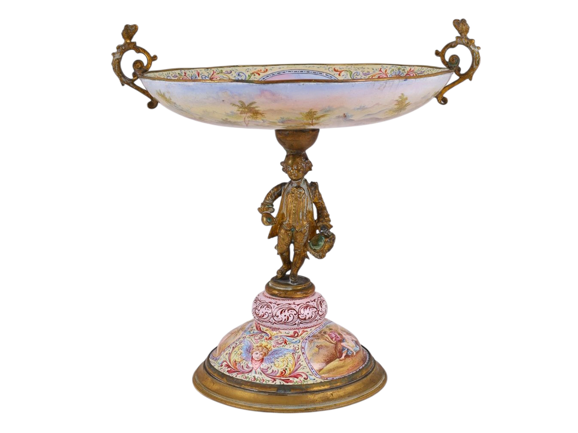 AN AUSTRIAN, VIENNA, LATE 19TH CENTURY ENAMELED AND GILT BRONZE TAZZA