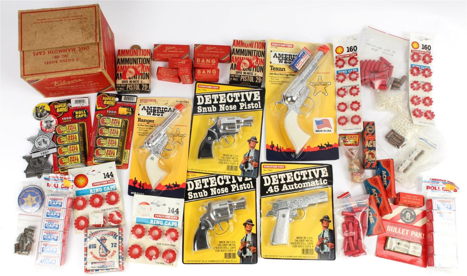 Five Vintage Tootsie Toy Toy Guns And Cap Gun Ammunition, Etc.