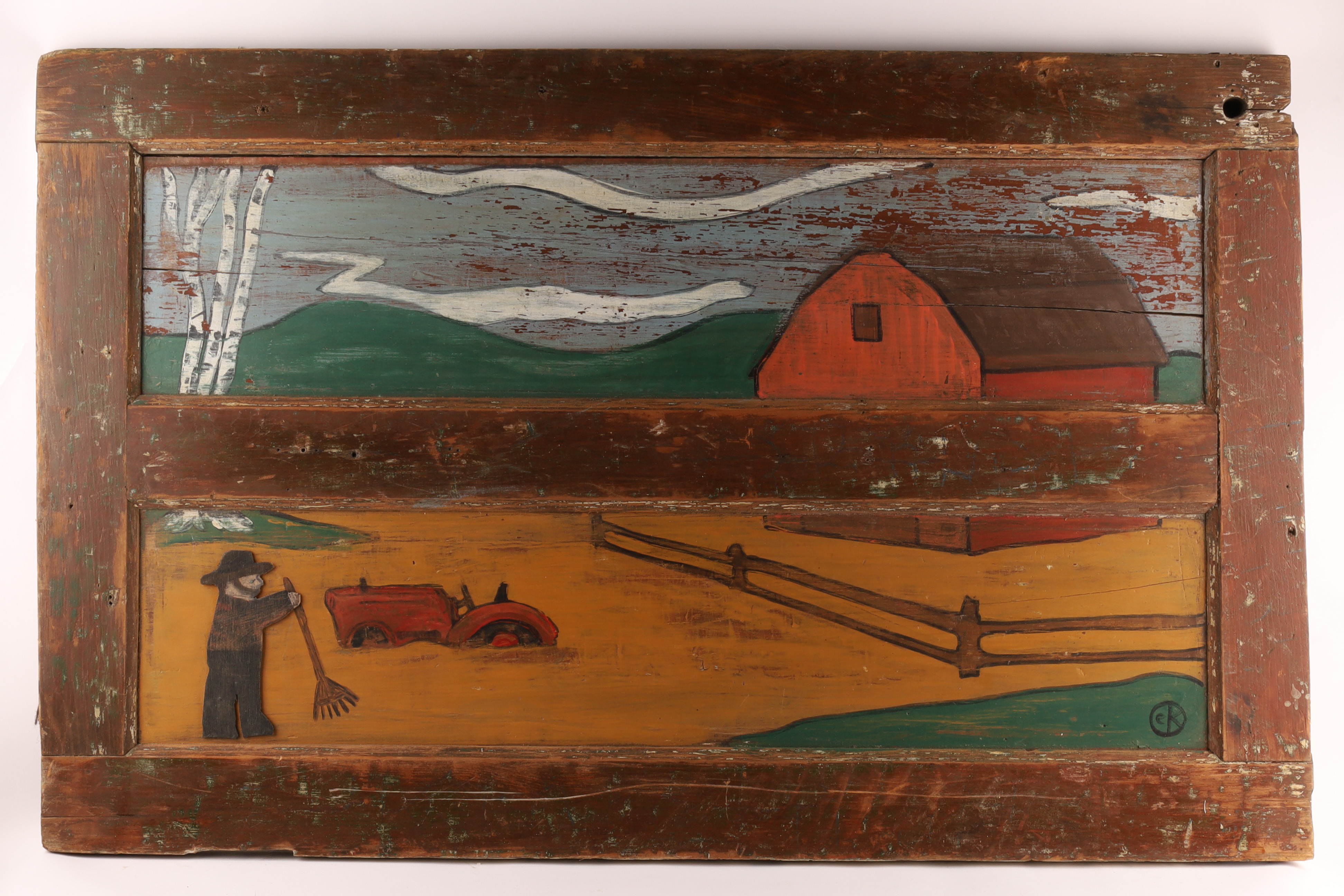American Folk Art Rural Farm Scene Door Painting Signed EK