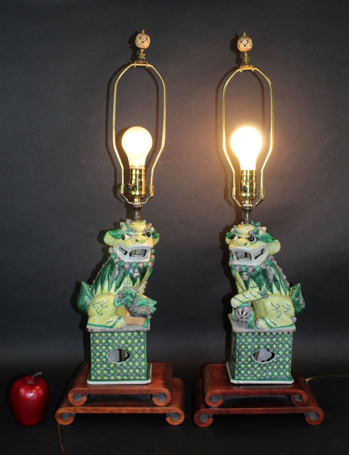Pair of Chinese glazed ceramic foo dog lamps