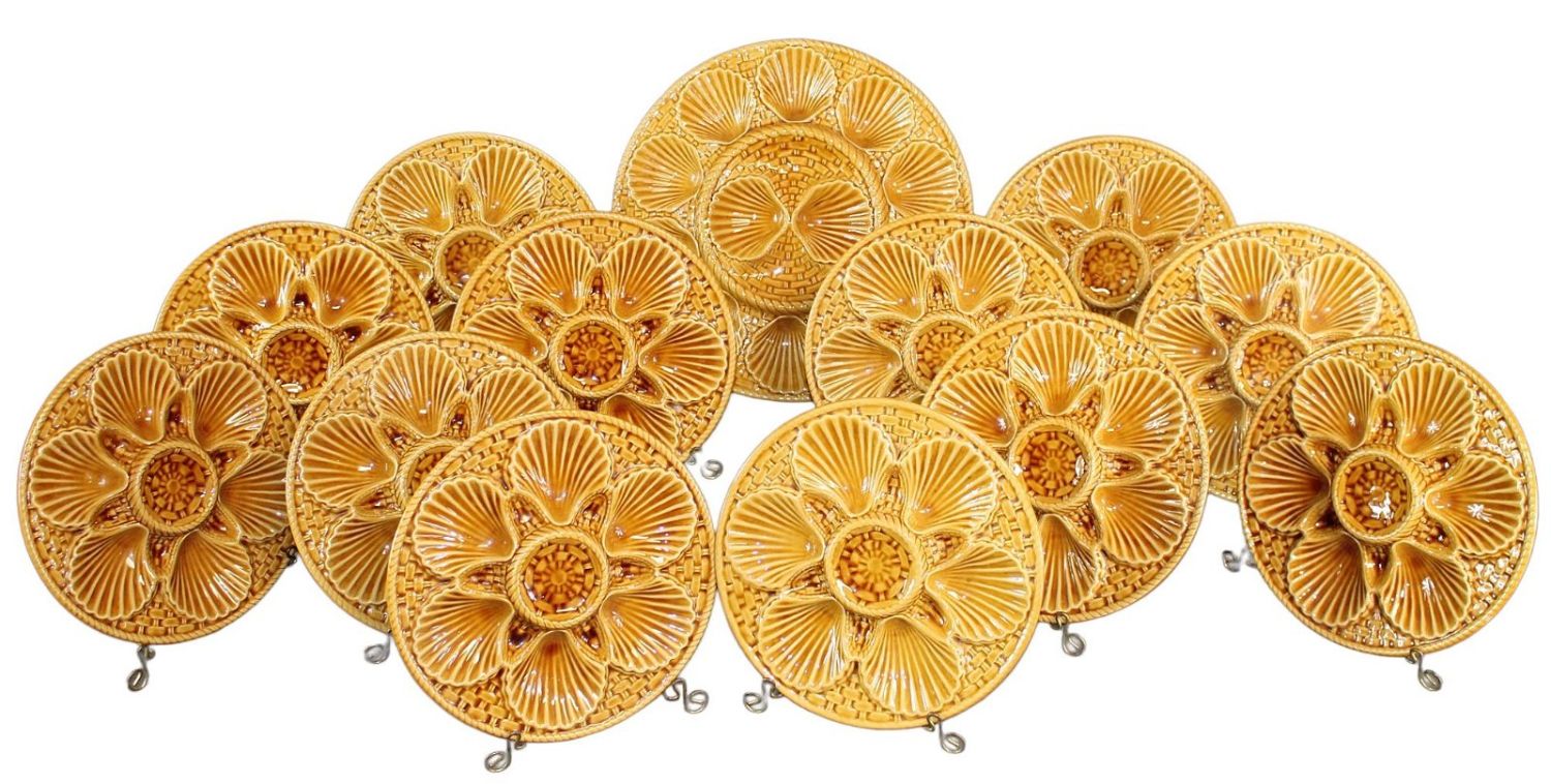 Lot of 12 French Majolica oyster plates and 1 platter