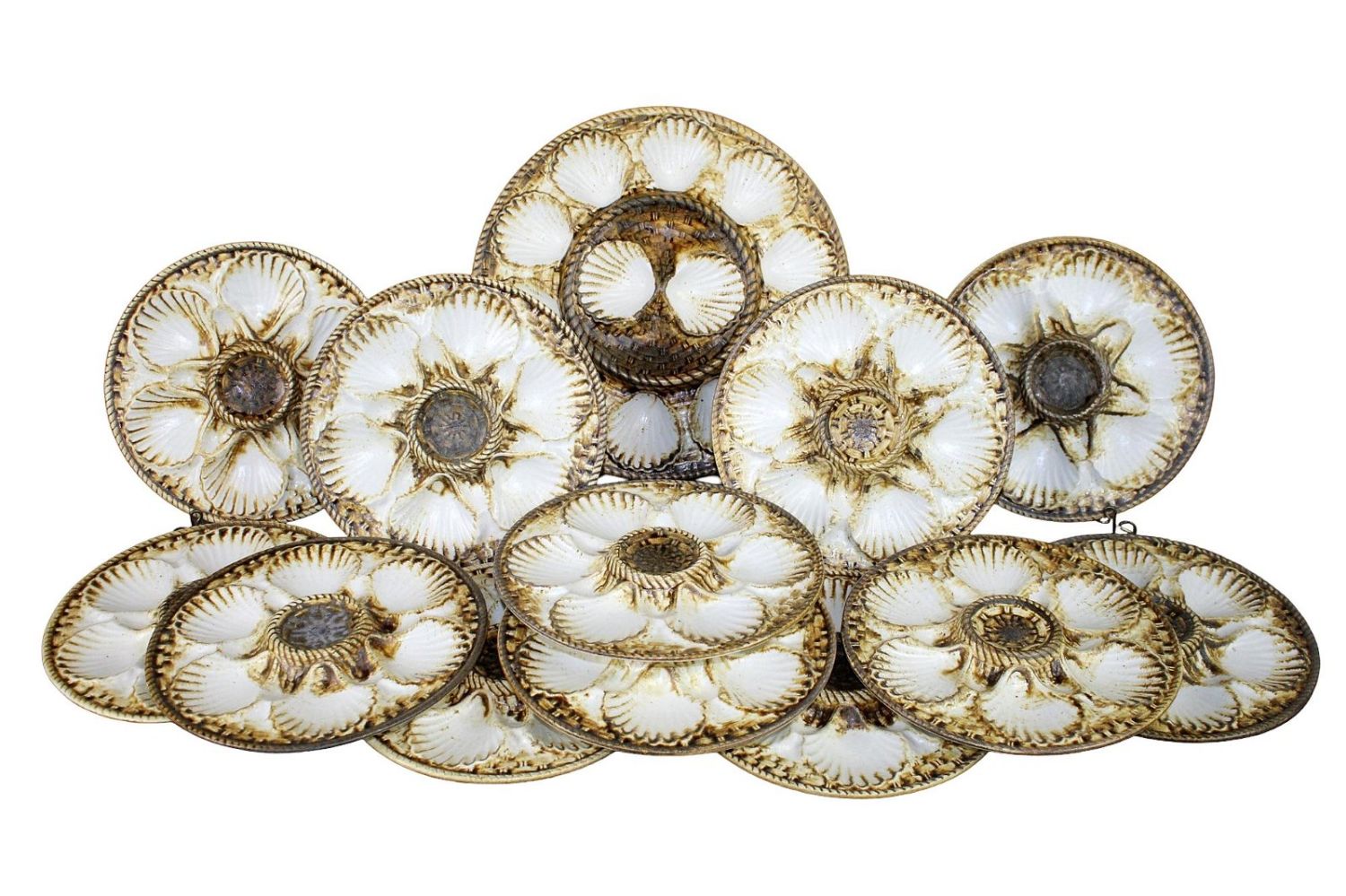 Lot of 12 French Longchamp oyster plates with platter
