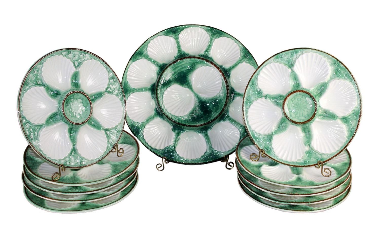 Lot of 10 French Majolica oyster plates with 1 platter