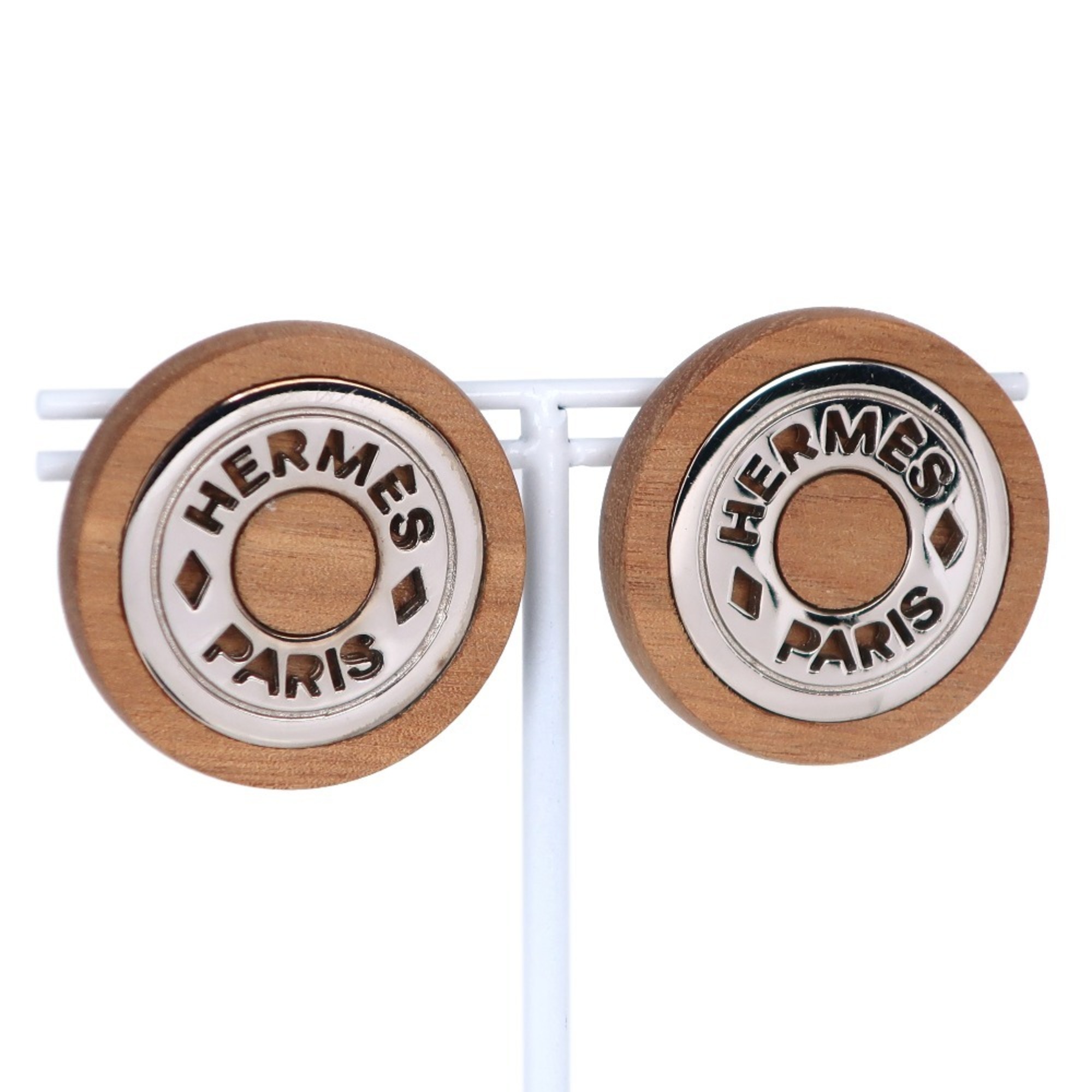 HERMES Hermes Serie Earrings Wood x Metal Brown/Silver Women's