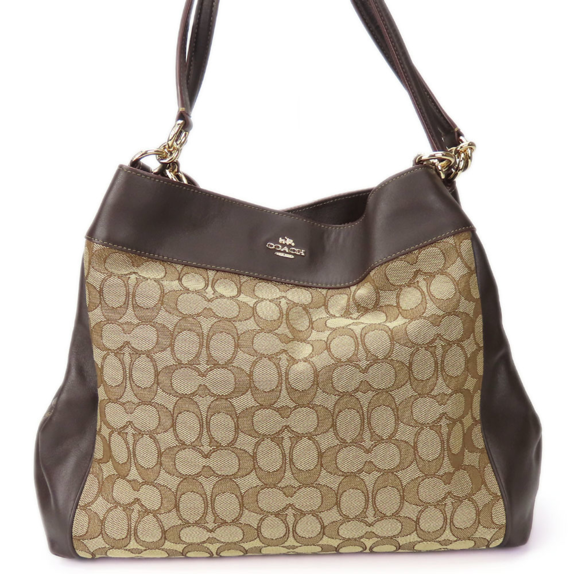 Coach Tote Bag F57612 Signature Canvas Leather Dark Brown Women's COACH
