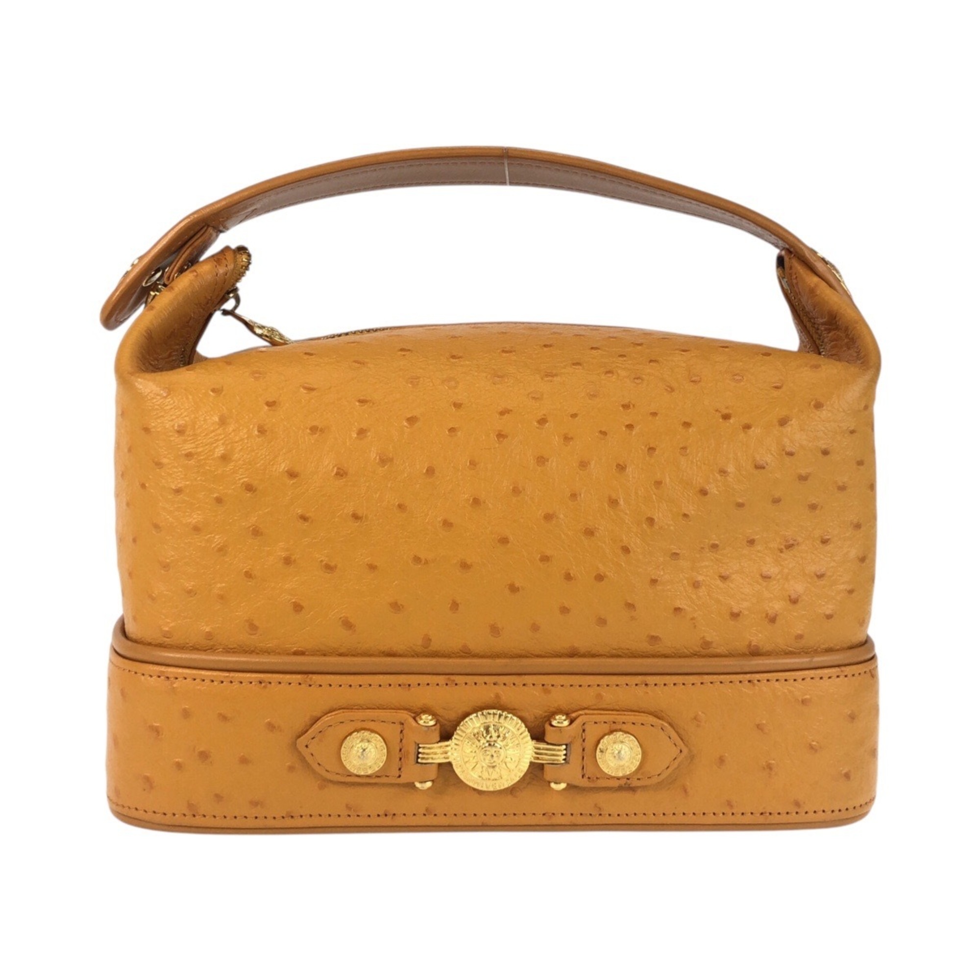 VERSACE Vintage Sunburst Embossed Yellow Gold Hardware Leather Handbag Vanity Bag for Women