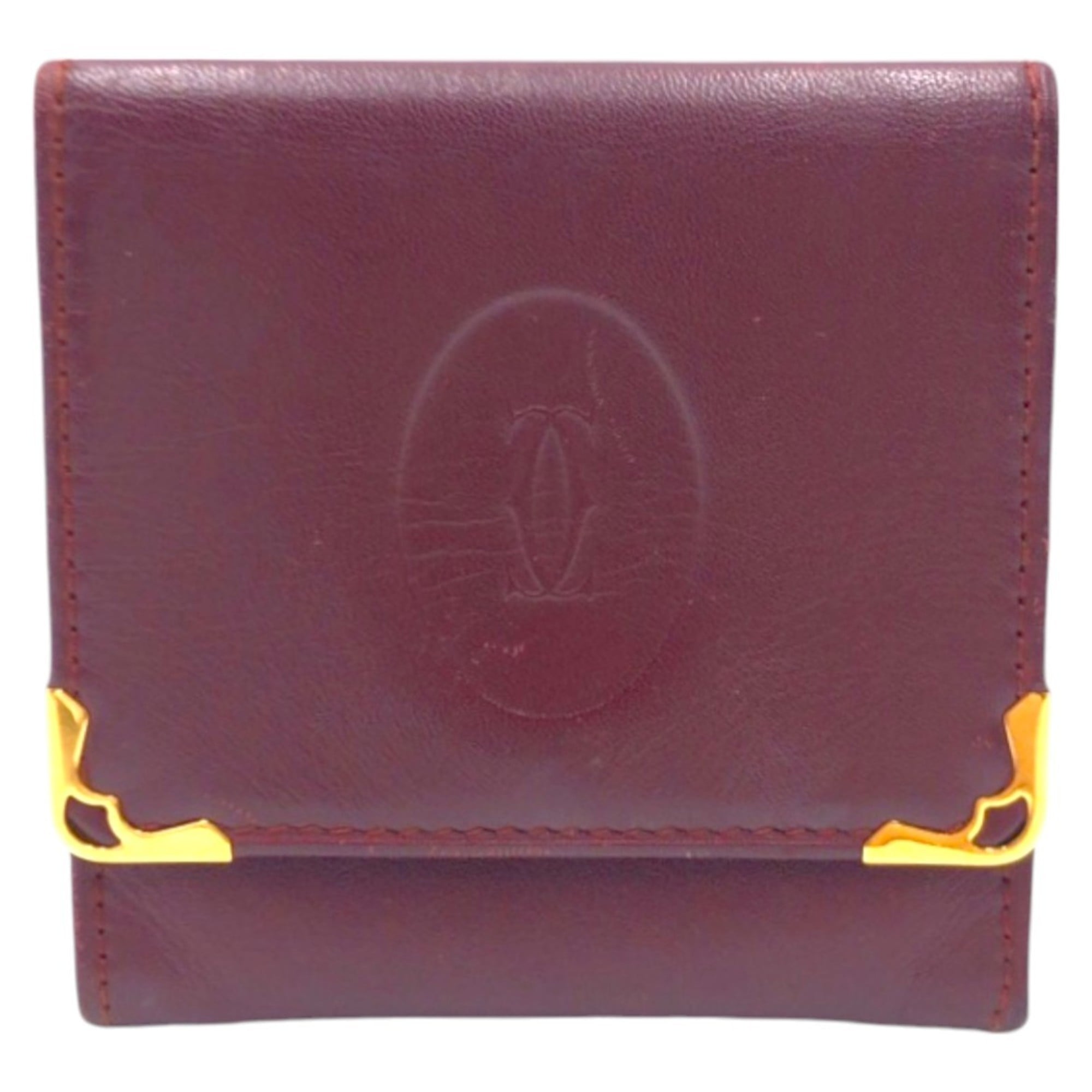 CARTIER Vintage Must Line Wine Red Bordeaux Gold Hardware Leather Wallet/Coin Case Purse for Women