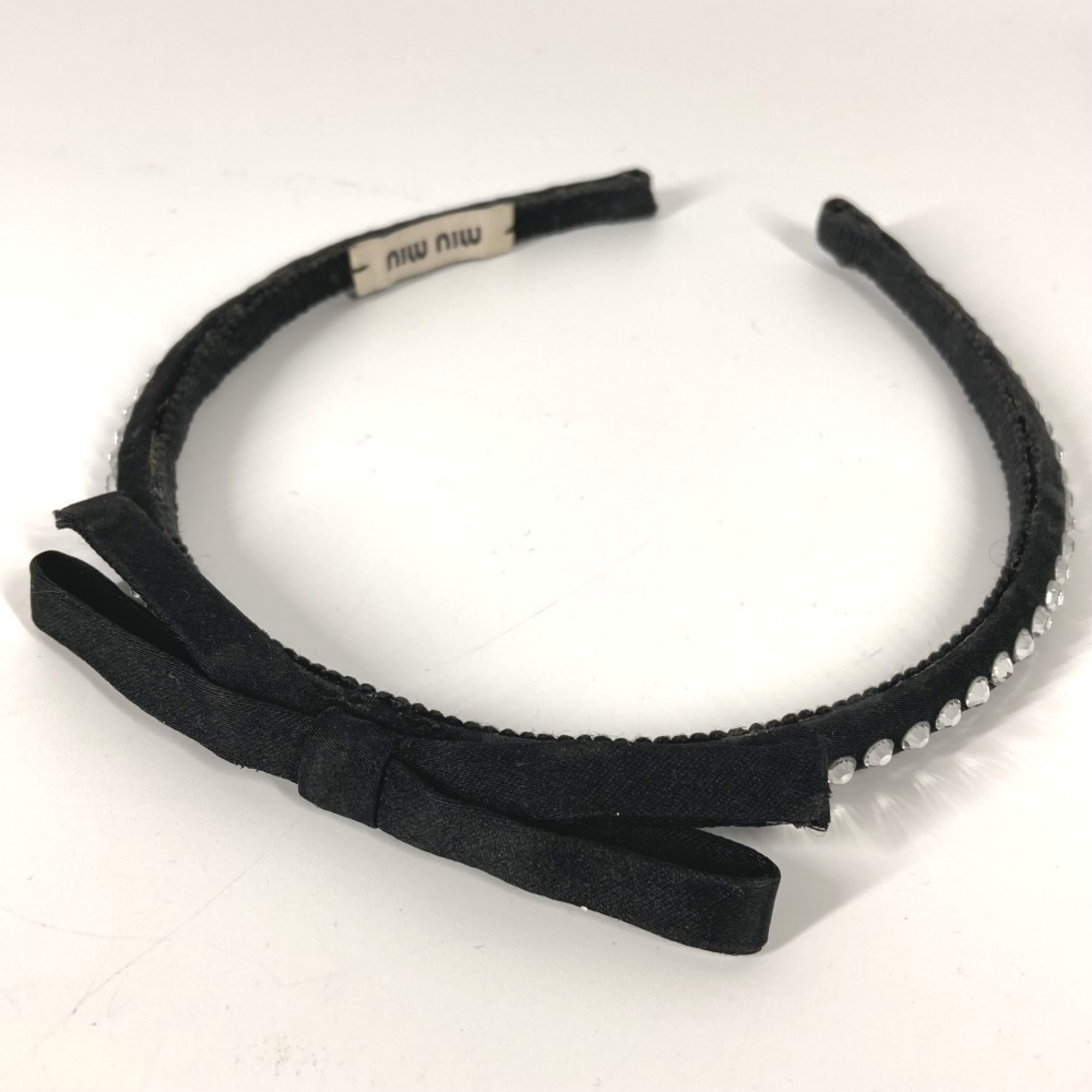 MIUMIU Miu Ribbon Rhinestone Hair Accessory Headband Satin Hairband Women's Black