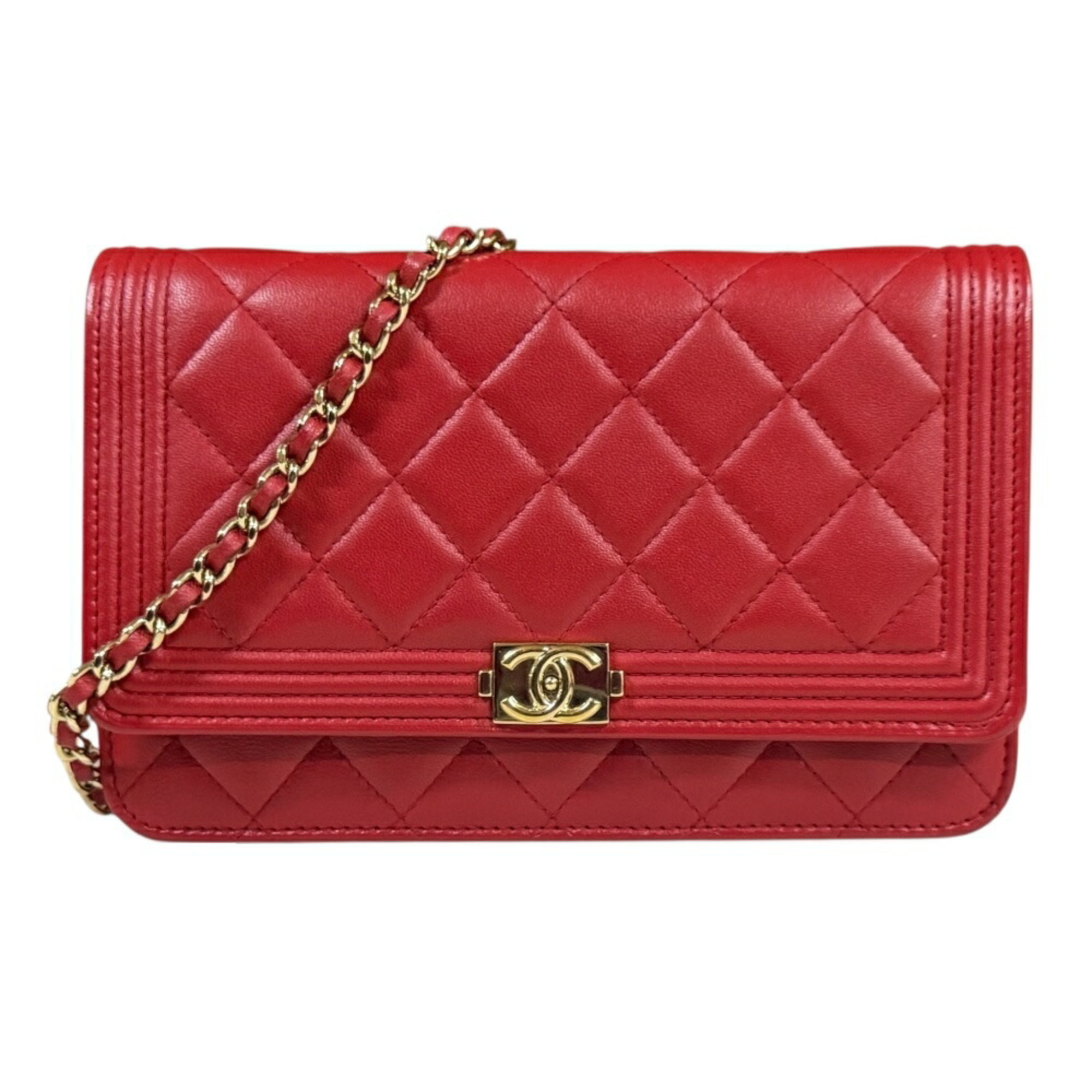 Chanel Boy Shoulder Bag Leather Red Women's CHANEL Chain Wallet