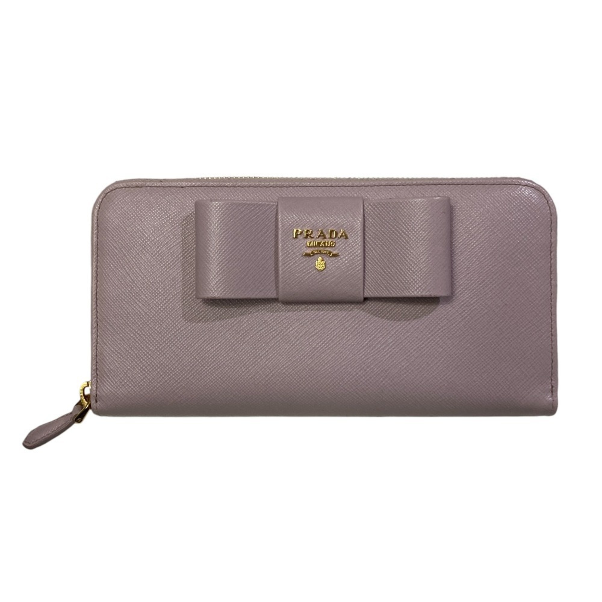 PRADA Prada Ribbon Saffiano Leather Round Zip Long Wallet 1ML506 Pink Women's