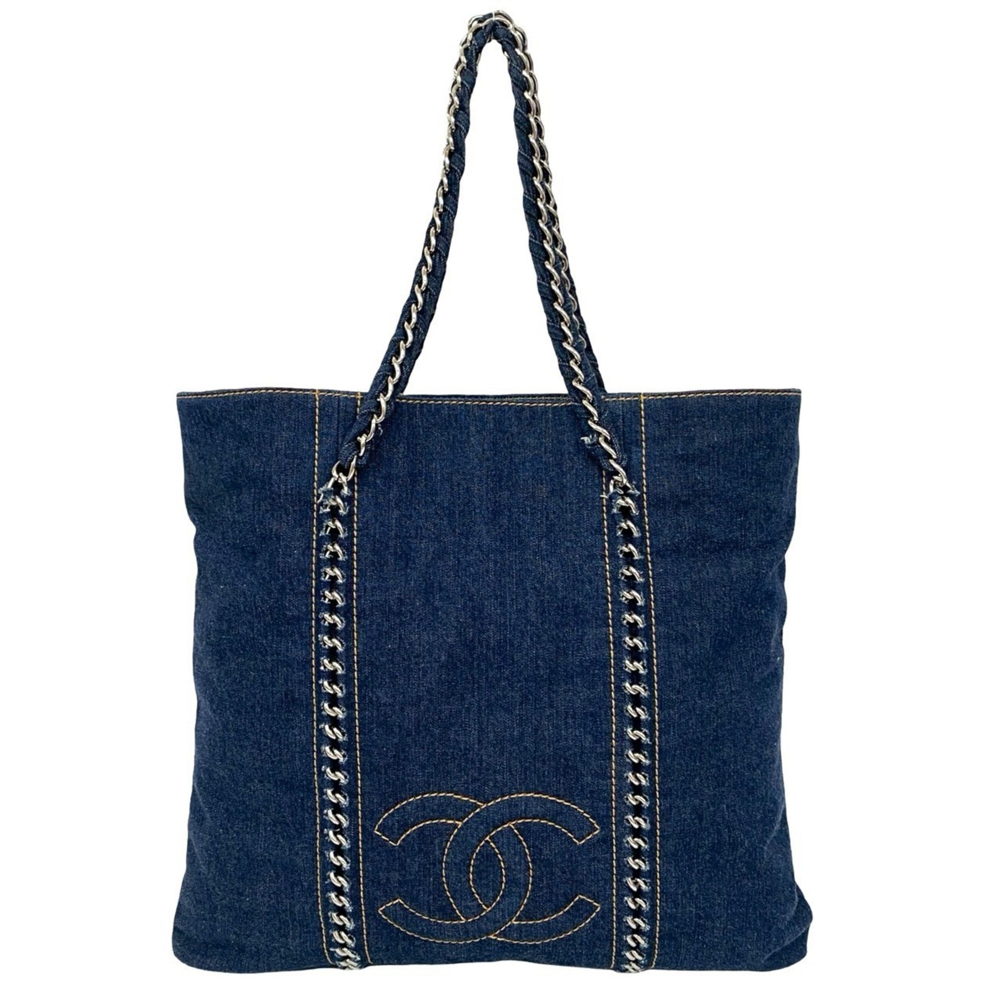 CHANEL Coco Mark Denim Chain Tote Bag Shoulder Handbag Blue 15718