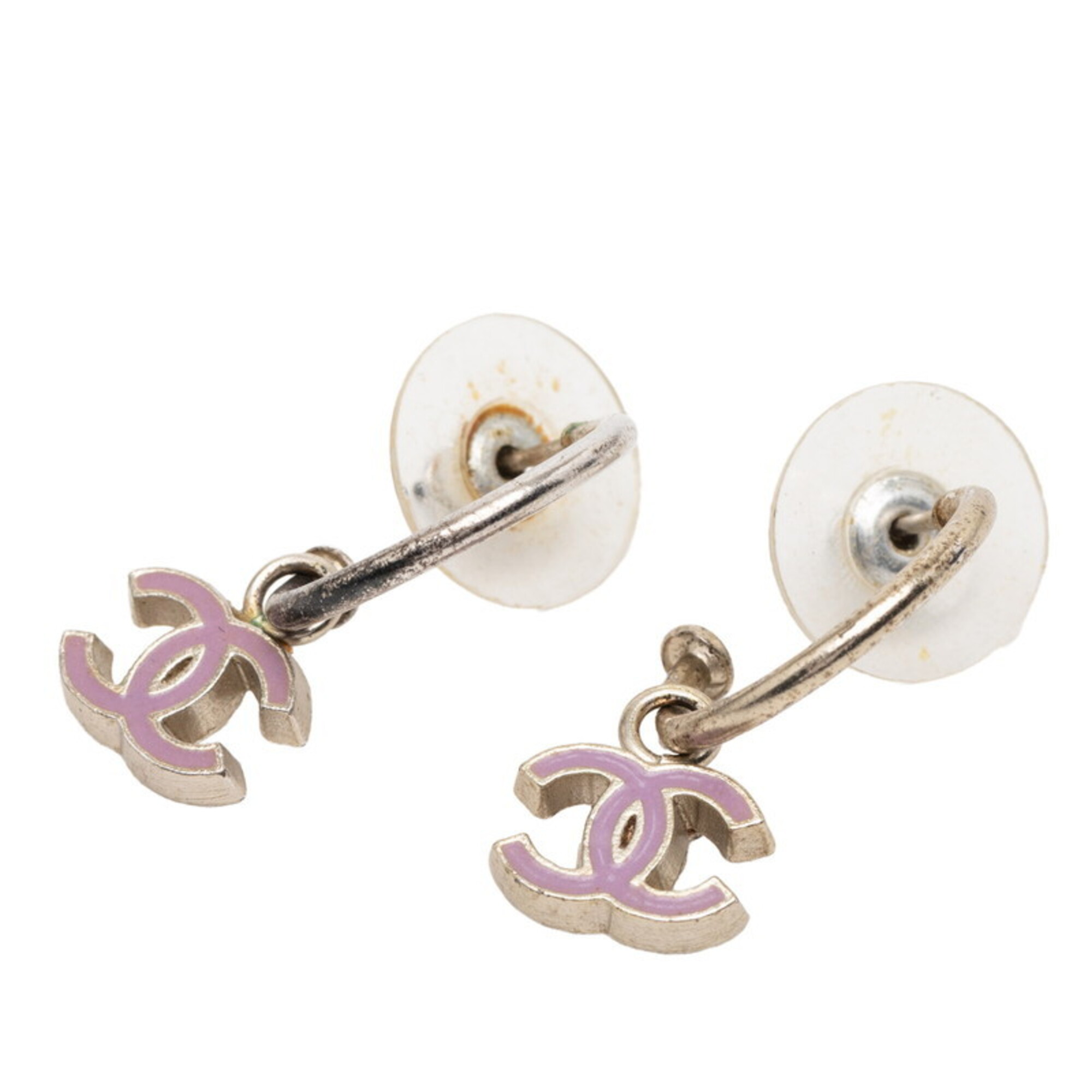 Chanel Coco Mark Earrings, Silver and Pink Metal, Women's CHANEL