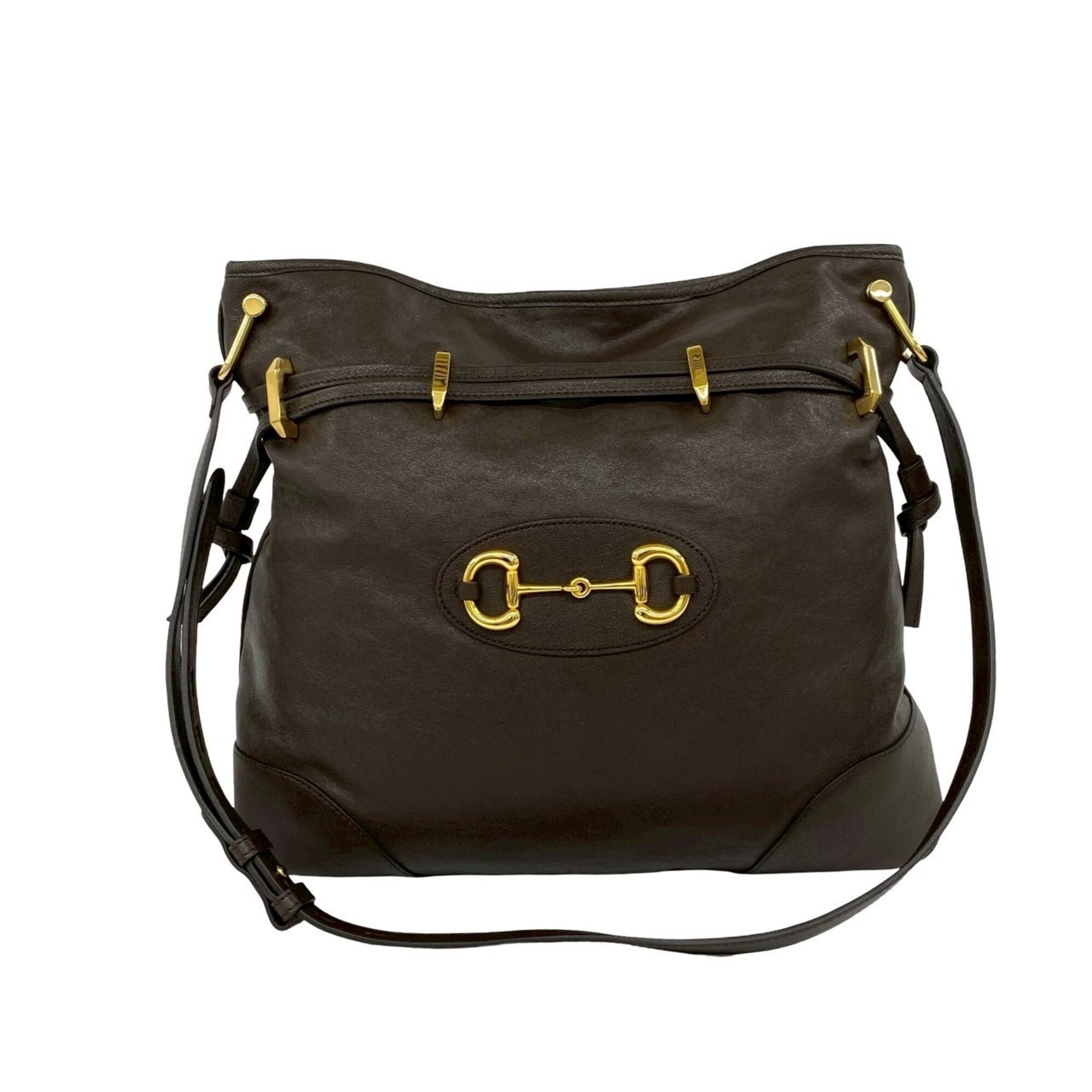 GUCCI Horsebit Hardware Leather Drawstring Shoulder Bag/Body Bag Brown 35587