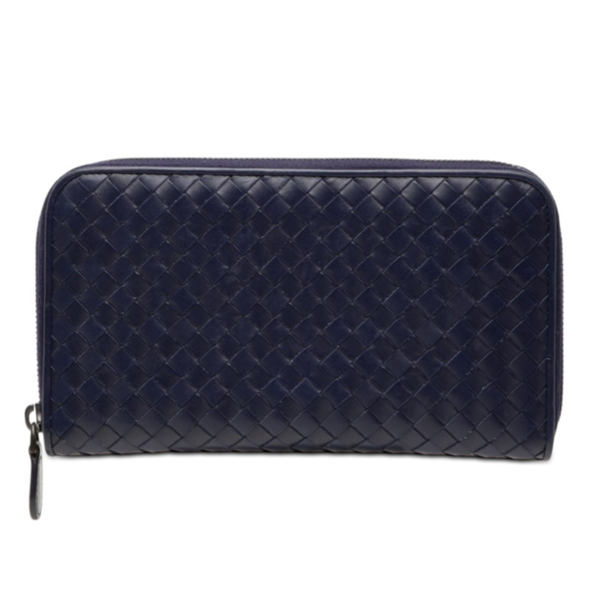 Bottega Veneta Intrecciato Round Zip Long Wallet, Navy Leather, Men's BOTTEGAVENETA