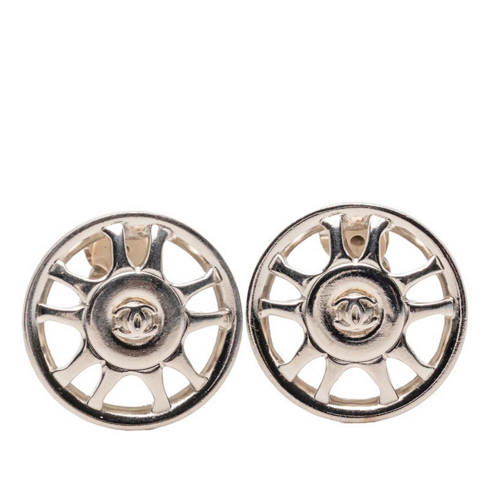 Chanel Coco Mark Round Earrings, Silver Metal, Women's CHANEL