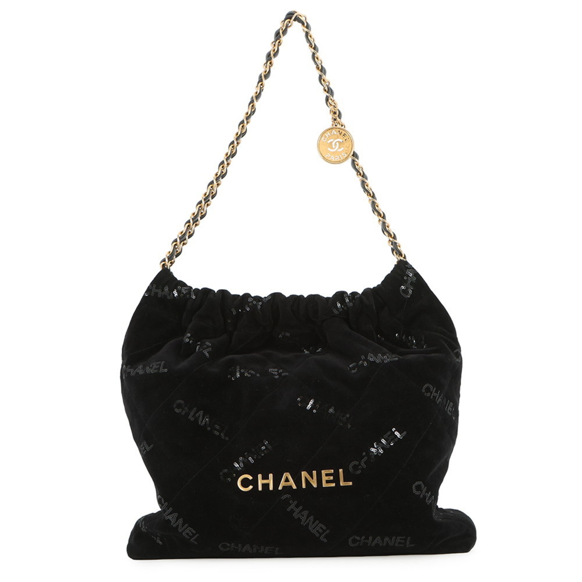 Chanel Chain Shoulder Bag CHANEL 22 Matelassé Small Velour Sequin AS3260 Black Handbag Women's