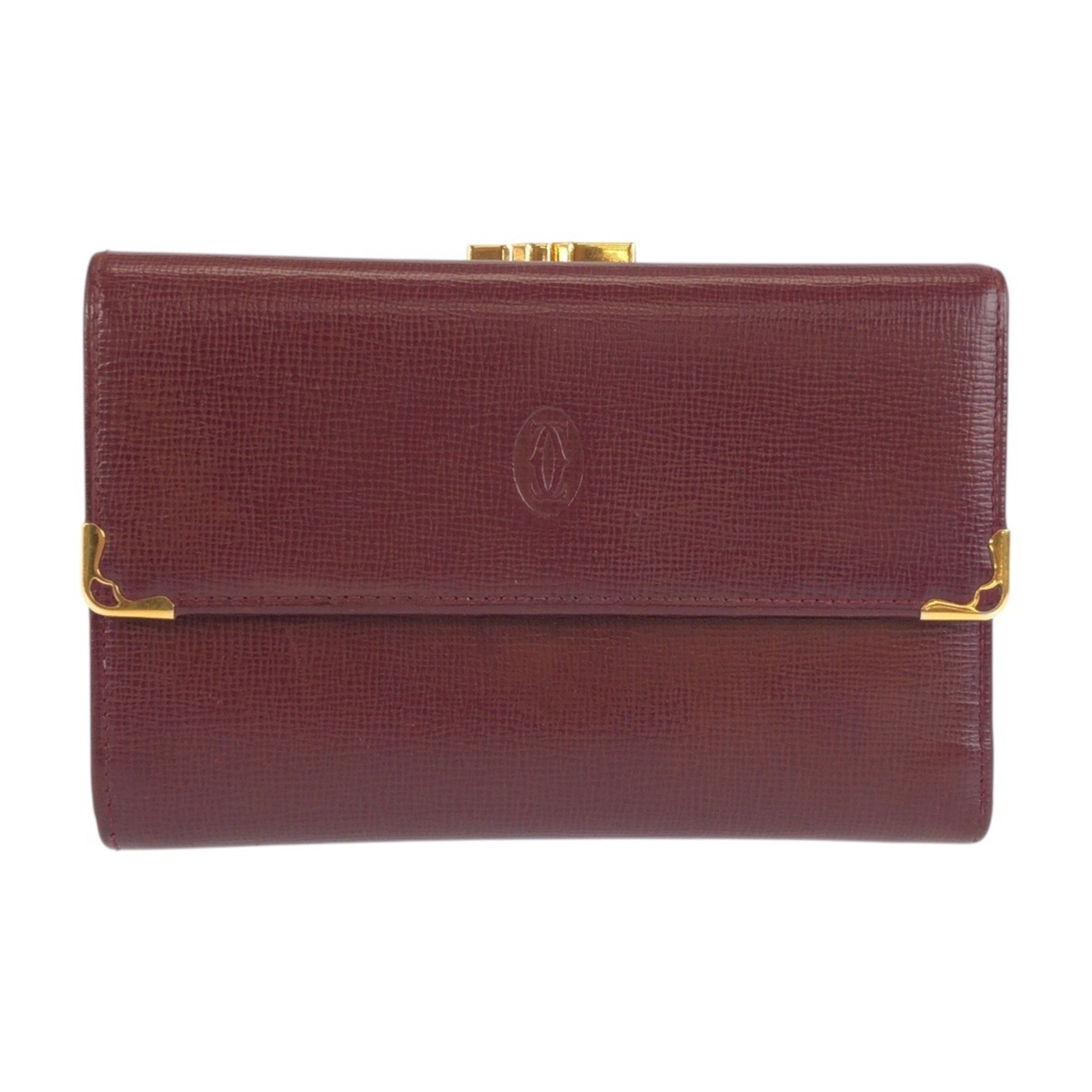 CARTIER Cartier Must Line Wine Red Bordeaux Gold Hardware Leather Folding Wallet Compact for Women