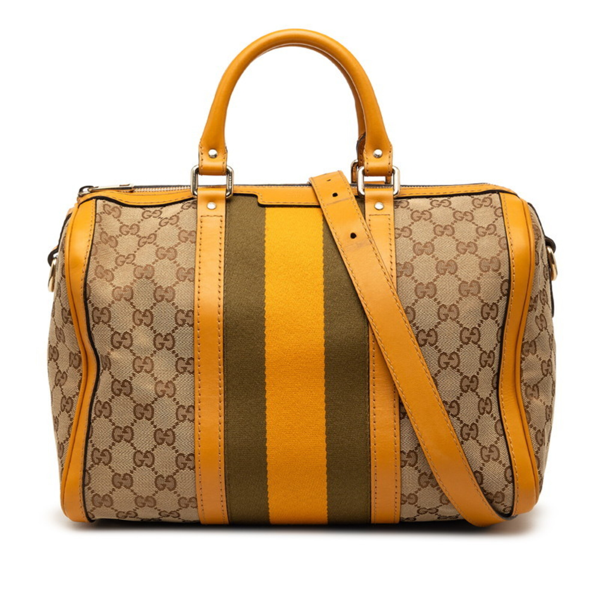 Gucci GG Canvas Sherry Line Mini Boston Bag, Handbag, Shoulder 2-Way, 247205, Beige/Yellow Leather, Women's, GUCCI