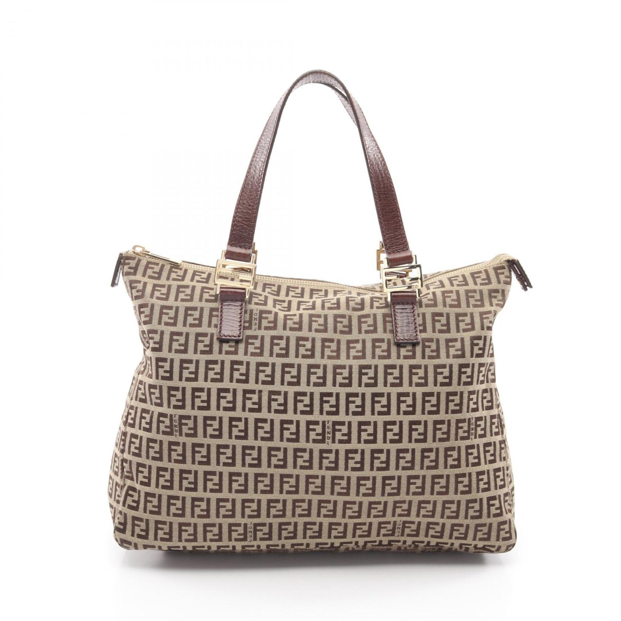 Fendi Zucchino Tote Bag Handbag Canvas Leather Women's Beige/Brown 8BH138
