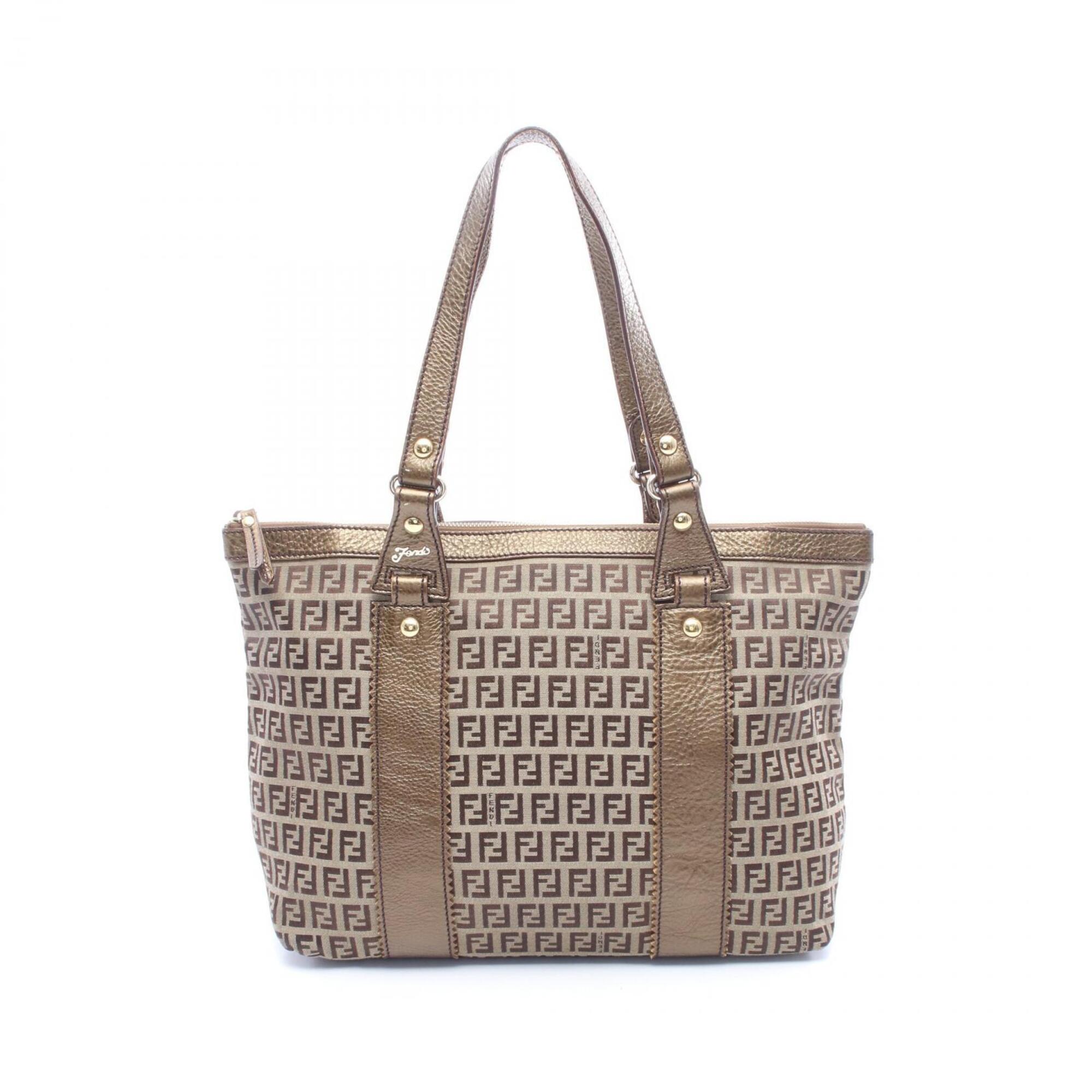 Fendi Zucca Tote Bag Handbag Canvas Leather Women's Beige Brown