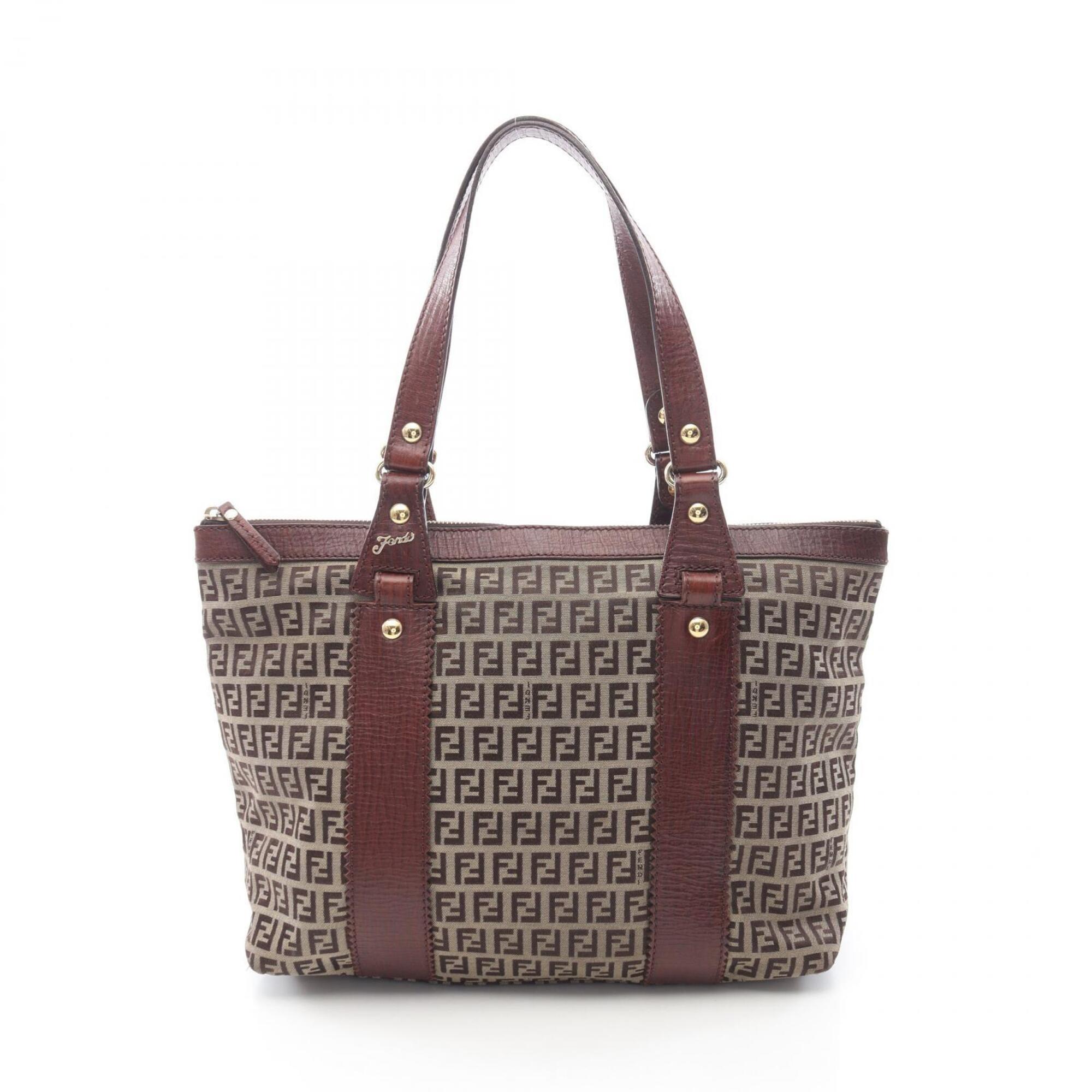 Fendi Zucchino Tote Bag Handbag Canvas Leather Women's Beige Brown